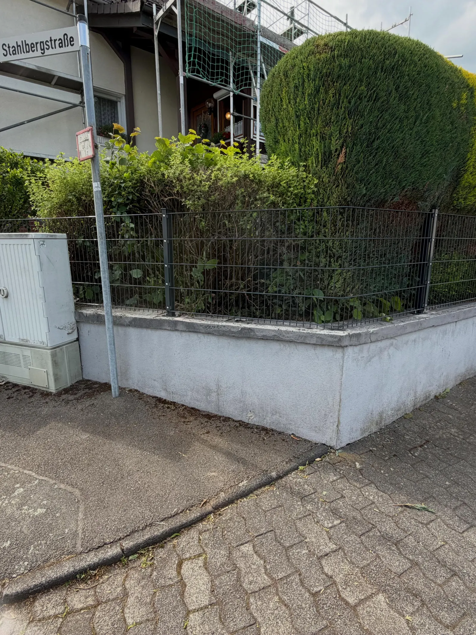 Doppelstabmattenzaun auf einer gebogenen hellen Mauer vor einer Hecke